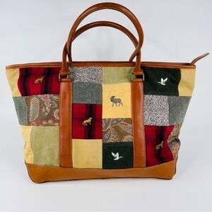 Vtg LL Bean Boat & Tote Patchwork Fabric & Leather Trim Embroidered Dog Moose